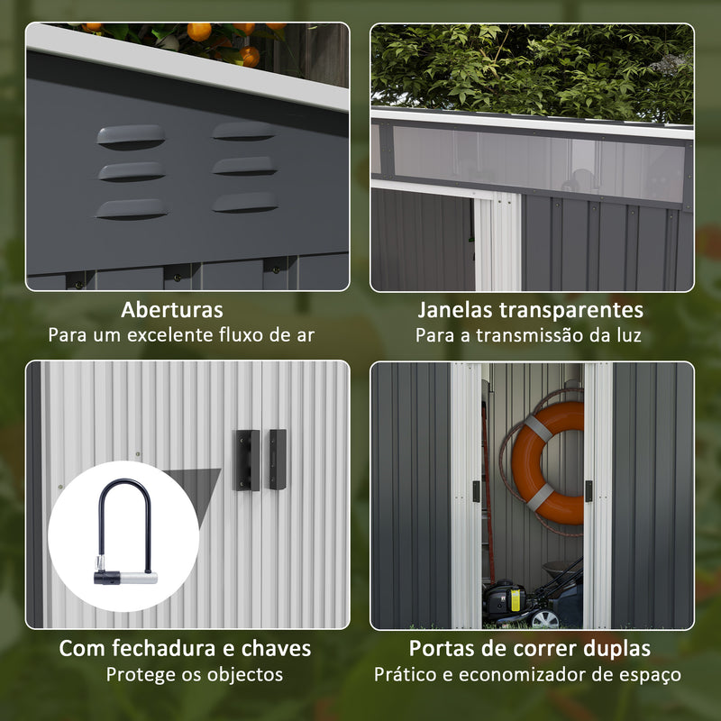 Abrigo de Jardim 2 m² 195x122x181,5 cm Abrigo de Armazenamento Metálico com Porta de Correr 2 Janelas e Anti-UV para Armazenar Ferramentas Pátio Exterior Cinza Escuro