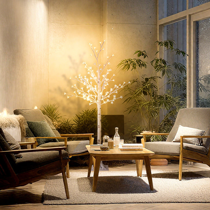 Árvore Cerejeira com 120 Luzes LED IP44 Banco Quente Árvore Decorativa com Flor de Cereja com Luz Ajustável em 3 Modos para Sala de Estar Festas Interiores 21x21x150 cm Branco