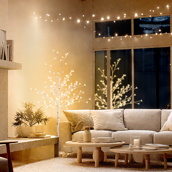 Árvore Cerejeira com 120 Luzes LED IP44 Banco Quente Árvore Decorativa com Flor de Cereja com Luz Ajustável em 3 Modos para Sala de Estar Festas Interiores 21x21x150 cm Branco