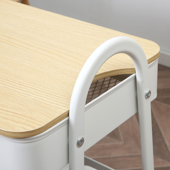 Carrinho Auxiliar com Rodas de 3 Níveis Carrinho de Cozinha com 3 Cestas de Aço e 1 Bancada de Madeira para Sala de Estar Casa de Banho 45x31x79,4 cm Branco