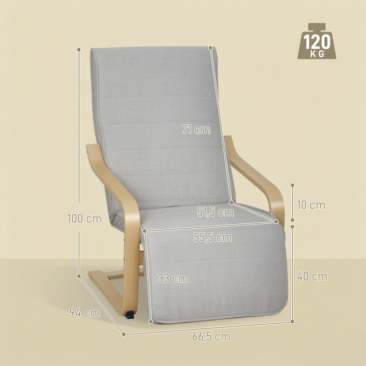 Poltrona de Sala de Estar com Apoio para os Pés Ajustáveis Poltrona para Dormitório Estofada em Tecido com Estrutura de Madeira Carga 120 kg para Escritório Estúdio 66,5x94x100 cm Cinza Claro