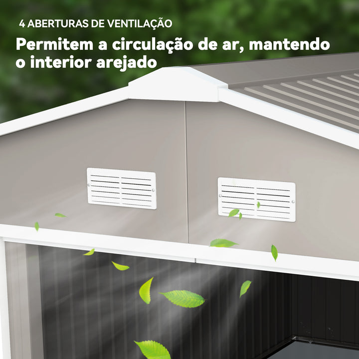 Abrigo de Jardim 340x386x200 cm 13,1 m² Abrigo de Exterior de Aço para Armazenamento de Ferramentas com Portas de Correr e Ventilações Cinza Claro