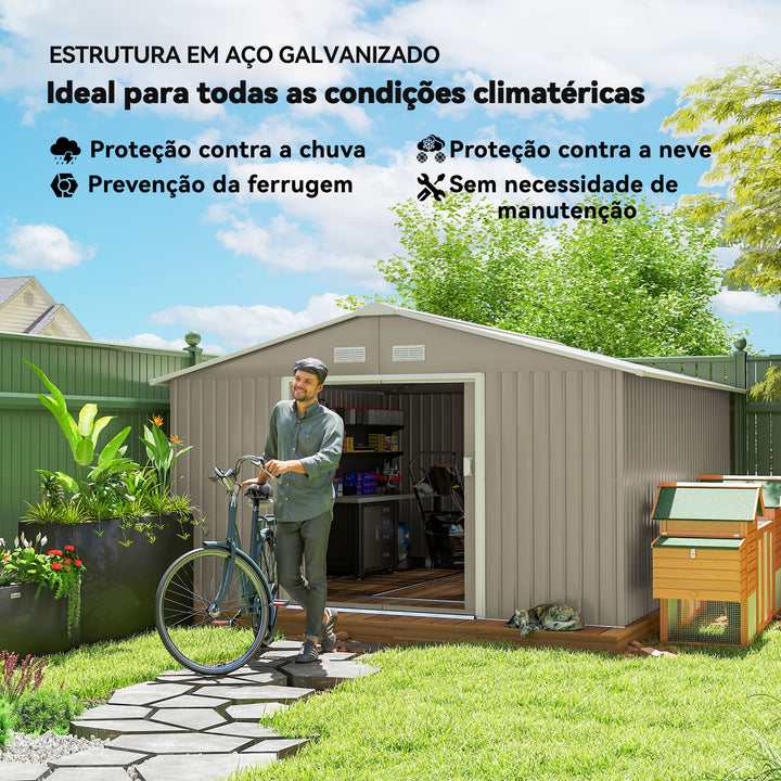 Abrigo de Jardim 340x386x200 cm 13,1 m² Abrigo de Exterior de Aço para Armazenamento de Ferramentas com Portas de Correr e Ventilações Cinza Claro