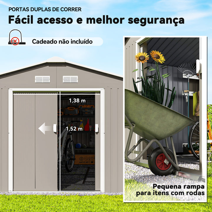 Abrigo de Jardim 340x386x200 cm 13,1 m² Abrigo de Exterior de Aço para Armazenamento de Ferramentas com Portas de Correr e Ventilações Cinza Claro