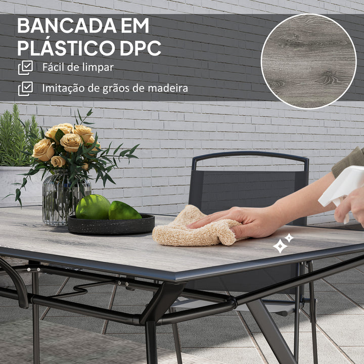 Mesa de Jardim Mesa de Refeição Exterior com Bancada Imitação Madeira e Estrutura de Aço Carga 70 kg Mesa Retangular para 6 Pessoas para Pátio 160x90x73 cm Cinza