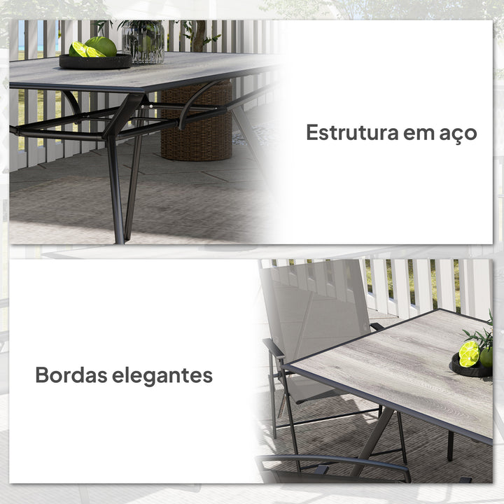 Mesa de Jardim Mesa de Refeição Exterior com Bancada Imitação Madeira e Estrutura de Aço Carga 70 kg Mesa Retangular para 6 Pessoas para Pátio 160x90x73 cm Cinza