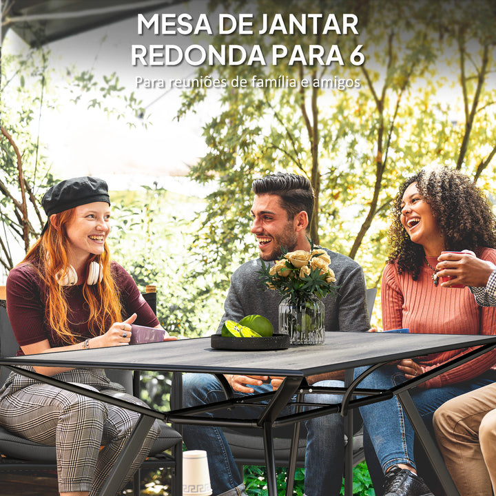 Mesa de Jardim Mesa de Refeição Exterior com Bancada Imitação Madeira e Estrutura de Aço Carga 70 kg Mesa Retangular para 6 Pessoas para Pátio 160x90x73 cm Cinza