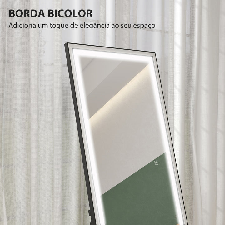 Espelho de Pé Espelho de Corpo Inteiro com Luzes 165x60 cm 3 Temperaturas de Cor Brilho Ajustável Independente ou de Parede para Quarto e Sala Branco e Preto