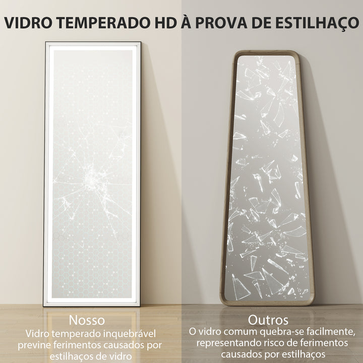 Espelho de Pé Espelho de Corpo Inteiro com Luzes 165x60 cm 3 Temperaturas de Cor Brilho Ajustável Independente ou de Parede para Quarto e Sala Branco e Preto