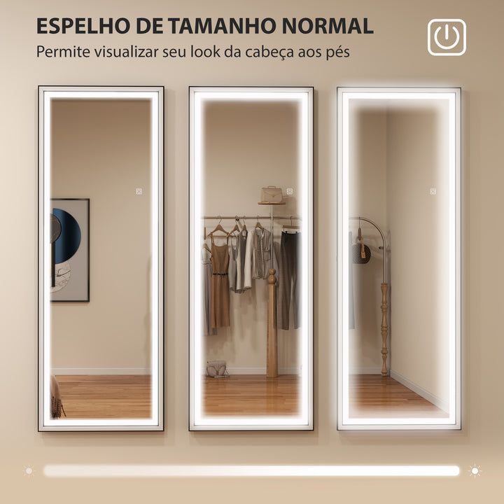Espelho de Pé Espelho de Corpo Inteiro com Luzes 165x60 cm 3 Temperaturas de Cor Brilho Ajustável Independente ou de Parede para Quarto e Sala Branco e Preto