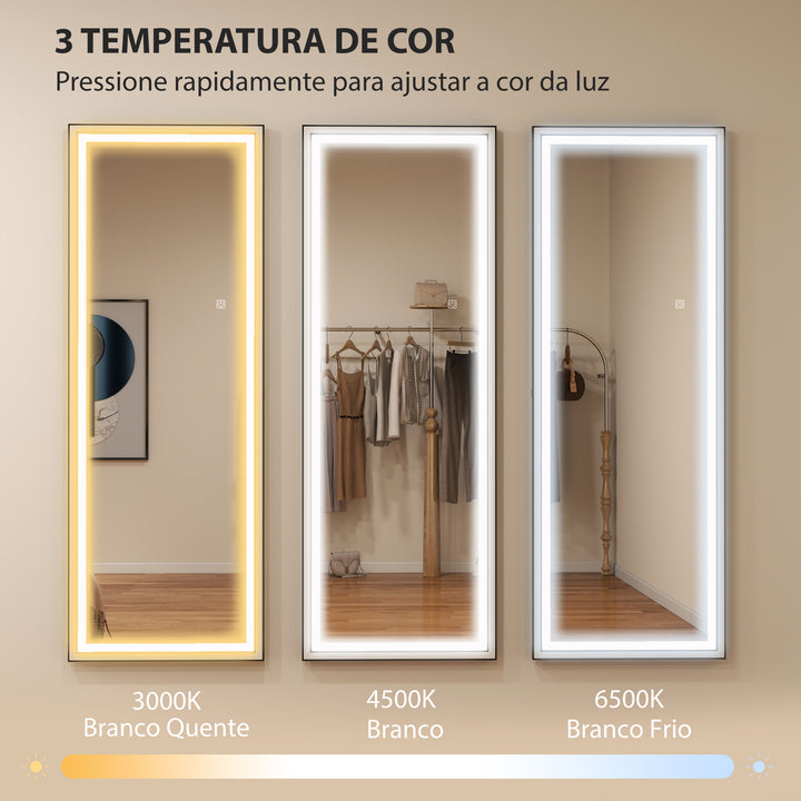 Espelho de Pé Espelho de Corpo Inteiro com Luzes 165x60 cm 3 Temperaturas de Cor Brilho Ajustável Independente ou de Parede para Quarto e Sala Branco e Preto