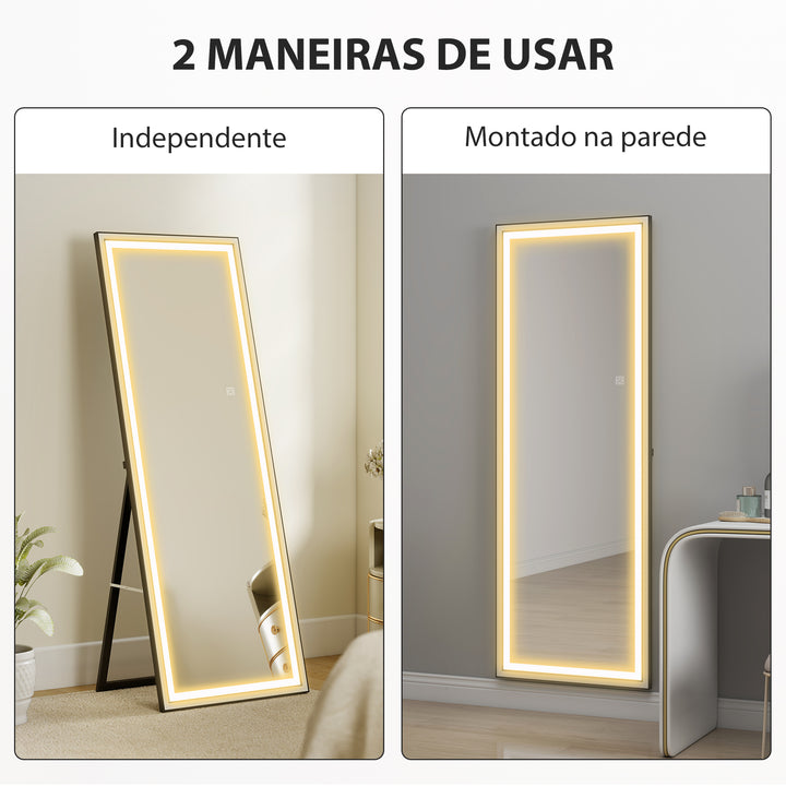 Espelho de Pé Espelho de Corpo Inteiro com Luzes 165x60 cm 3 Temperaturas de Cor Brilho Ajustável Independente ou de Parede para Quarto e Sala Branco e Preto
