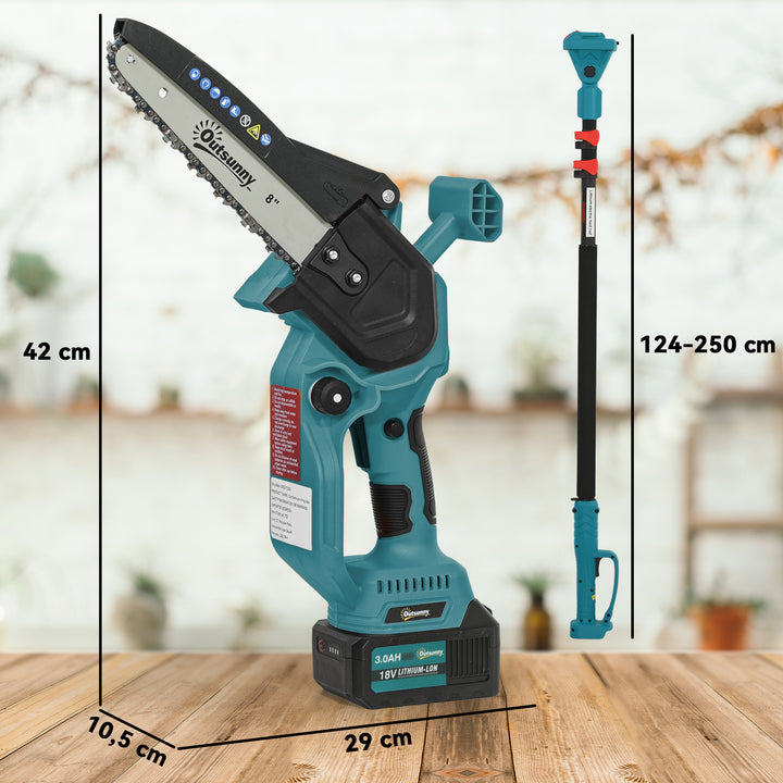 Mini Motosserra a Bateria 8 Polegadas 6000mAh Motosserra Elétrica com Motor sem Escovas de 580W 2 Baterias Mastro Telescópico e Bloqueio Duplo para Podar Árvores de Jardinagem e Madeira