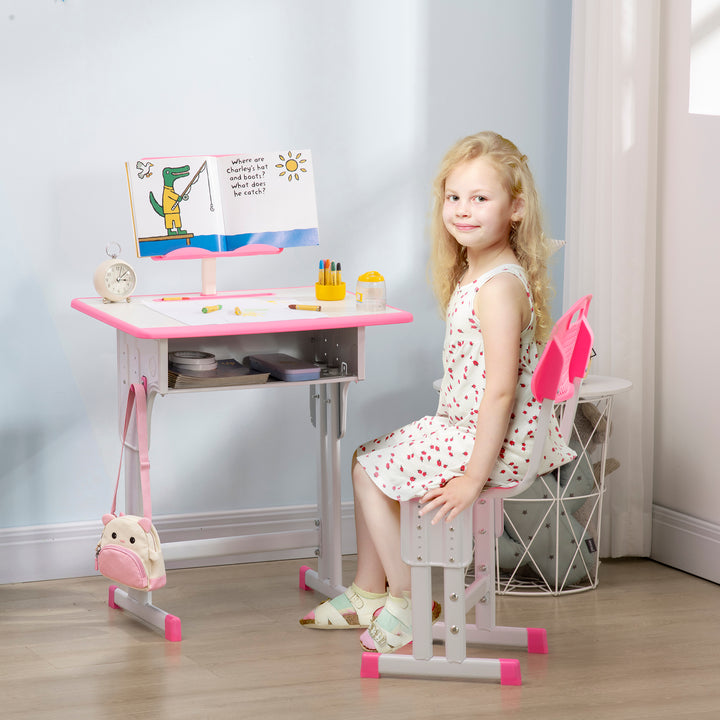 Conjunto de Secretária e Cadeira para Crianças de 6-12 Anos Secretária Infantil com Altura Ajustável 1 Gaveta 1 Suporte para Lápis e 1 Prateleira para Livros 60x45x90-120 cm Rosa