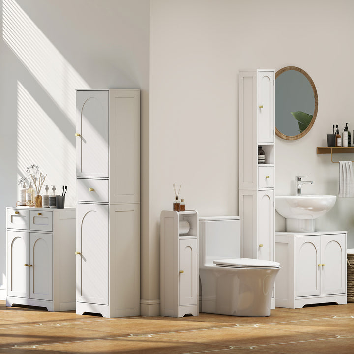 Coluna Casa de Banho com 2 Portas Arqueadas Gaveta e Prateleiras Ajustáveis Armário Alto Estreito de Casa de Banho Estilo Moderno para Sala de Estar Lavabo Cozinha 40x29,5x170 cm Branco com Veios
