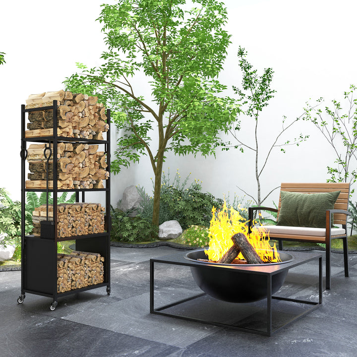 Suporte para Lenha com Rodas Suporte para Lenha de 4 Níveis Estante para Lenha com Pá Escova Atiçador e Tenaz para Interior e Exterior 45x30x118 cm Preto