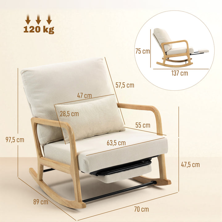 Cadeira de Baloiço com Apoio para Pés, Encosto Ajustável, Poltrona de Veludo Nórdica, Pés de Madeira, Apoios de Braços, Almofada Lombar, Poltrona de Relaxamento, Carga Máxima 120 kg, para Quarto, Sala, Creme