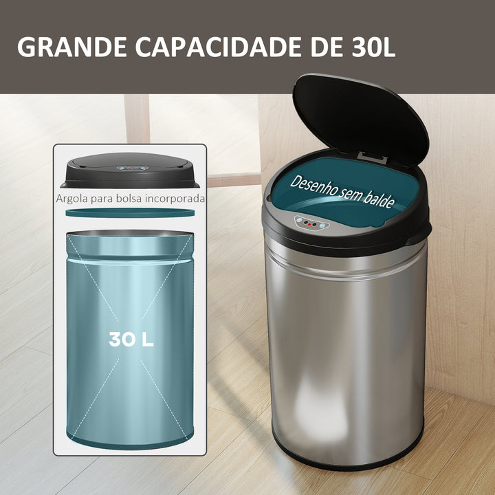 Balde de Lixo de Cozinha Automático 30 L Caixote de Cozinha em Aço Inoxidável Sensor Infravermelhos Fecho Automático Anti-Impressões Digitais para Quarto Escritório 32x30,5x51 cm Prata