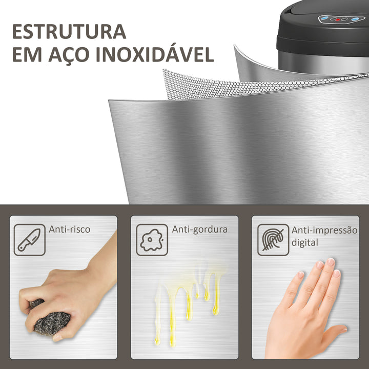 Balde de Lixo de Cozinha Automático 30 L Caixote de Cozinha em Aço Inoxidável Sensor Infravermelhos Fecho Automático Anti-Impressões Digitais para Quarto Escritório 32x30,5x51 cm Prata