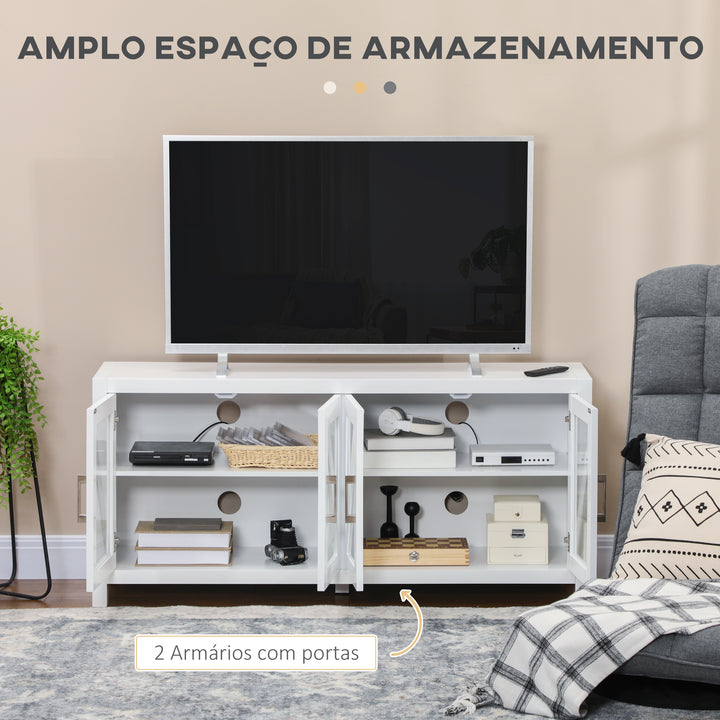 Móvel de TV Sala de Estar para Televisores de até 58" com 4 Portas de Vidro Temperado Prateleiras Ajustáveis e 4 Orifícios para Cabos 130x35x60 cm Branco
