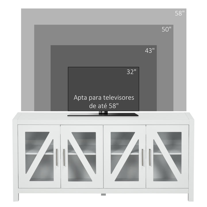 Móvel de TV Sala de Estar para Televisores de até 58" com 4 Portas de Vidro Temperado Prateleiras Ajustáveis e 4 Orifícios para Cabos 130x35x60 cm Branco