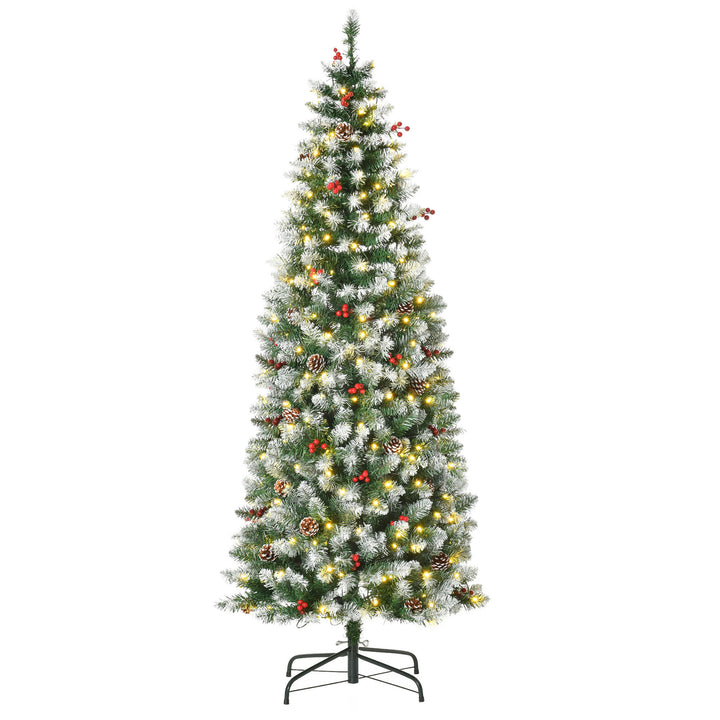 Árvore de Natal Nevada Artificial 180cm com 300 Luzes LED Branco Quente 618 Ramos Ignífugos de PVC Decorações Incluidadas e Base Dobrável Ø65x180cm Verde