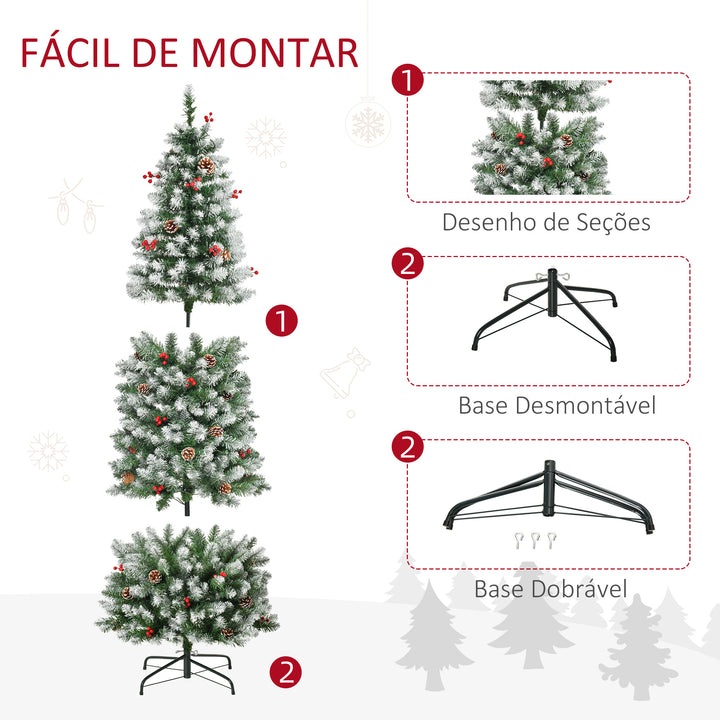 Árvore de Natal Nevada Artificial 180cm com 300 Luzes LED Branco Quente 618 Ramos Ignífugos de PVC Decorações Incluidadas e Base Dobrável Ø65x180cm Verde