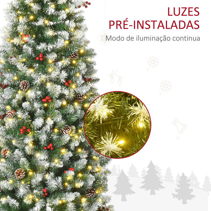 Árvore de Natal Nevada Artificial 180cm com 300 Luzes LED Branco Quente 618 Ramos Ignífugos de PVC Decorações Incluidadas e Base Dobrável Ø65x180cm Verde