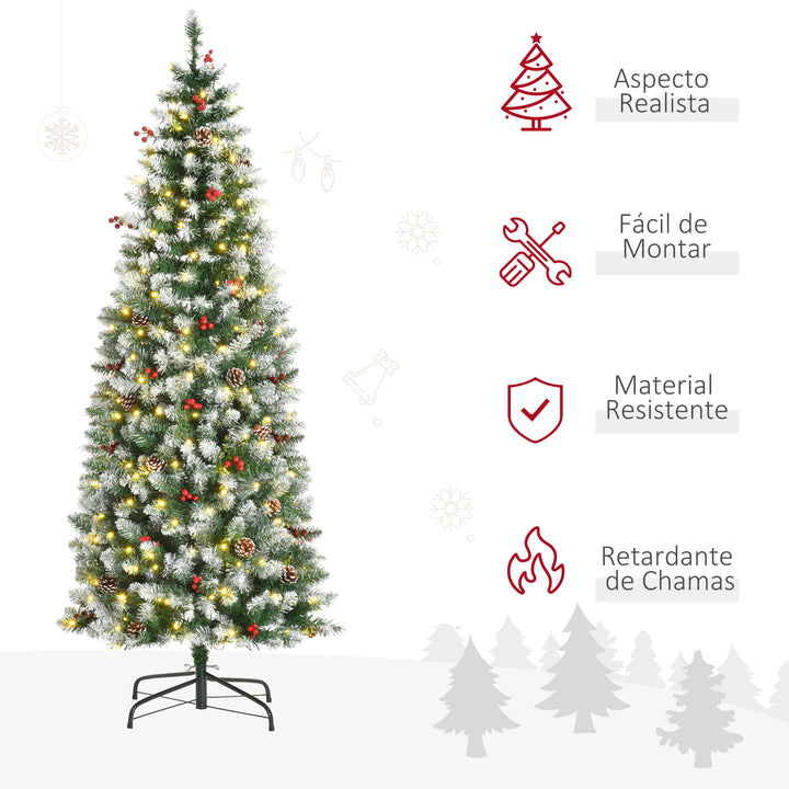 Árvore de Natal Nevada Artificial 180cm com 300 Luzes LED Branco Quente 618 Ramos Ignífugos de PVC Decorações Incluidadas e Base Dobrável Ø65x180cm Verde