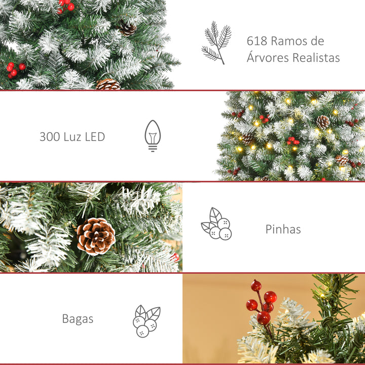 Árvore de Natal Nevada Artificial 180cm com 300 Luzes LED Branco Quente 618 Ramos Ignífugos de PVC Decorações Incluidadas e Base Dobrável Ø65x180cm Verde