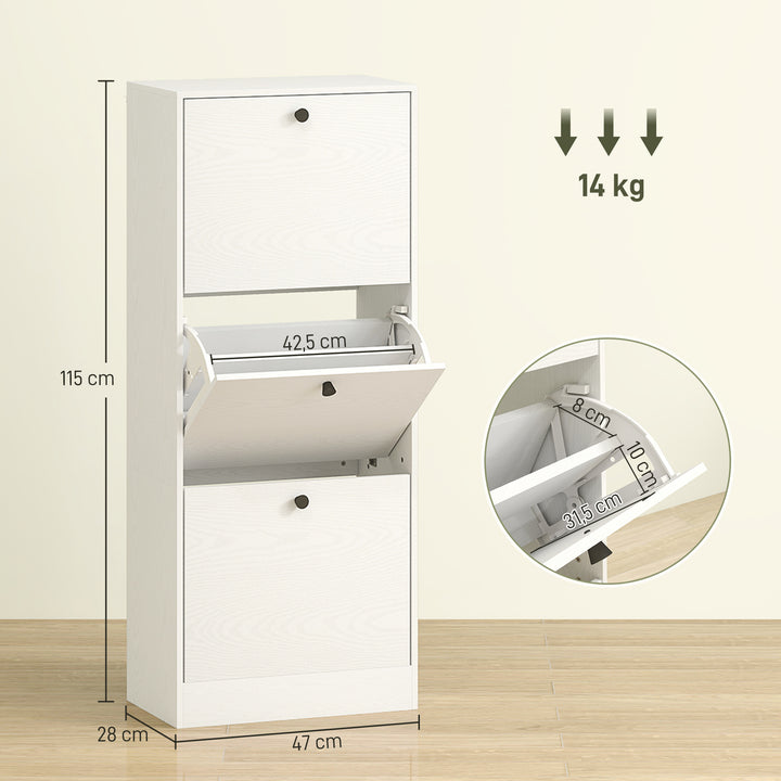 Sapateira Estreita com 3 Portas Abatíveis Sapateira para Entrada com Prateleiras Ajustáveis para 12 Pares de Sapatos para Corredor Espaços Reduzidos 47x28x115 cm Branco
