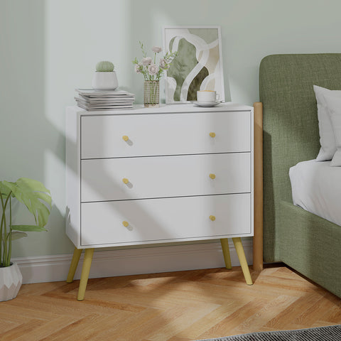 Cómoda com 3 Gavetas Cómoda de Dormitório com Pés de Madeira de Pinho para Sala de Estar Escritório Carga Máxima 70 kg 80x30x80 cm Branco e Madeira