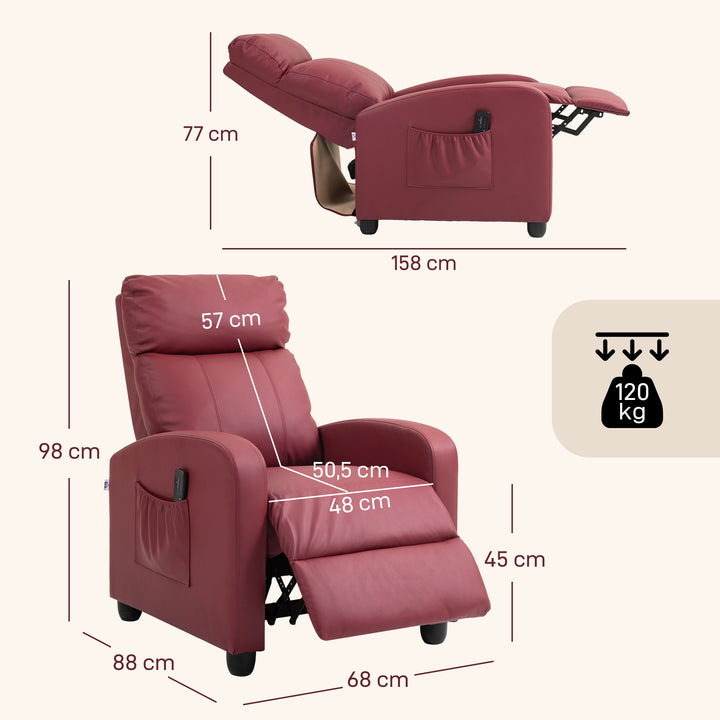 Poltrona de Massagem Poltrona Relax Reclinável com 2 Zonas de Massagem 8 Programas 5 Níveis de Intensidade e Controlo Remoto Estofada em PU 68x88x98 cm Borgonha