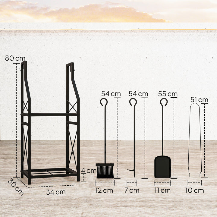 Suporte Metálico para Lenha 2 Níveis com 4 Ferramentas Ganchos e Base Elevada para Interior e Exterior 34x30x80 cm Preto