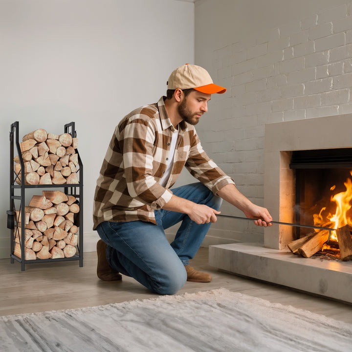 Suporte Metálico para Lenha 2 Níveis com 4 Ferramentas Ganchos e Base Elevada para Interior e Exterior 34x30x80 cm Preto