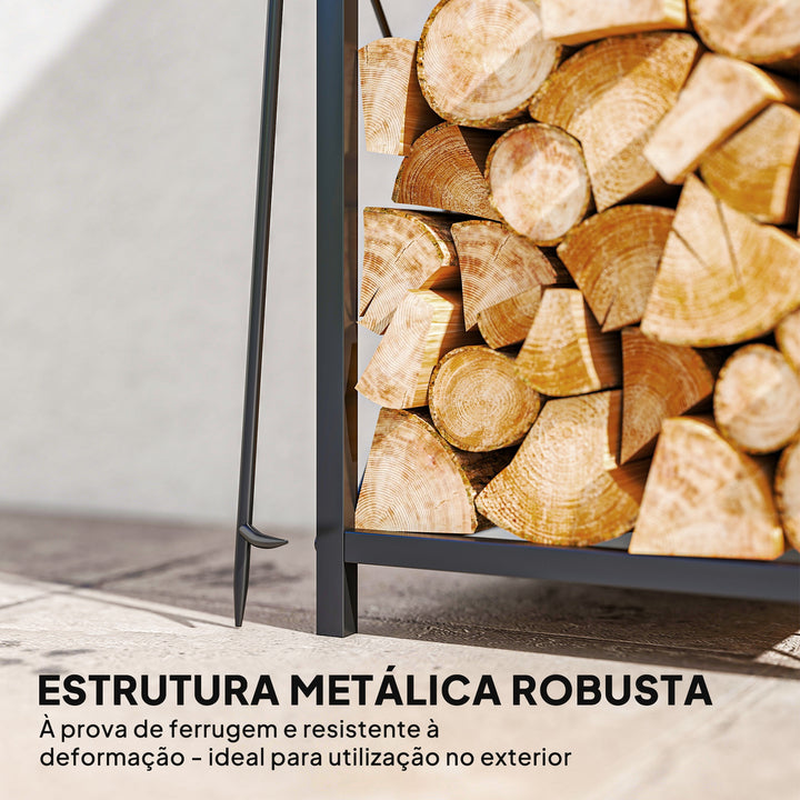 Suporte Metálico para Lenha 2 Níveis com 4 Ferramentas Ganchos e Base Elevada para Interior e Exterior 34x30x80 cm Preto