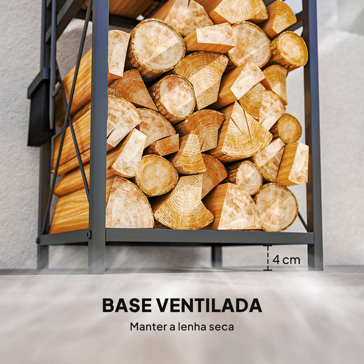 Suporte Metálico para Lenha 2 Níveis com 4 Ferramentas Ganchos e Base Elevada para Interior e Exterior 34x30x80 cm Preto