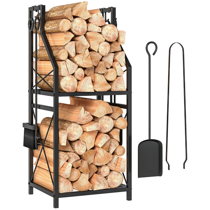 Suporte Metálico para Lenha 2 Níveis com 4 Ferramentas Ganchos e Base Elevada para Interior e Exterior 34x30x80 cm Preto
