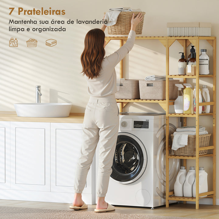 Estante para Máquina de Lavar em Bambu Móvel para Máquina de Lavar ou Sanita com Prateleiras Reversíveis e Ajustáveis Poupa Espaço Para Lavandaria Casa de Banho 100x40x157 cm Madeira