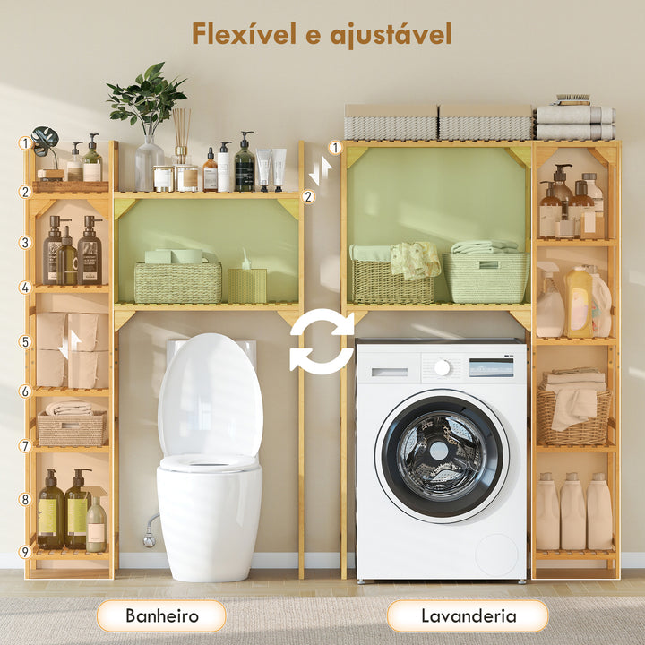 Estante para Máquina de Lavar em Bambu Móvel para Máquina de Lavar ou Sanita com Prateleiras Reversíveis e Ajustáveis Poupa Espaço Para Lavandaria Casa de Banho 100x40x157 cm Madeira