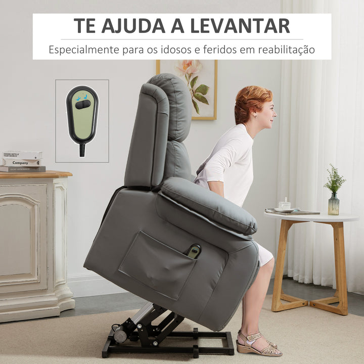 Poltrona Relax Levanta Pessoas com Controle Remoto Reclinação Elétrica de 160° Apoio para os Pés Encosto Estofado em PU e Bolsos Laterais 76x90x105cm Cinza