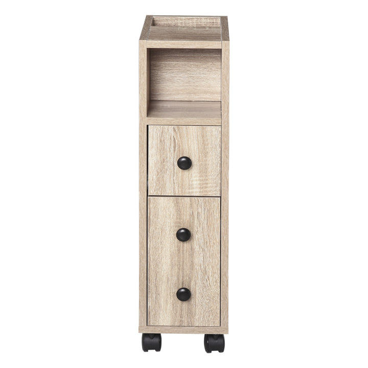 Gabinete de banheiro independente de projeto compacto com 2 gabinetes abertos, 1 gabinete de porta, 1 gaveta e 4 rodas giratórias, 18 x 30 x 68,5 cm cor de grão de carvalho