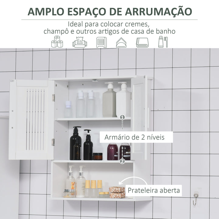 Armário de Parede para Casa de Banho Móvel Casa de Banho de Parede com Armazenamento 2 Portas em Ripas Prateleira Ajustável e Compartimento 60x20x70 cm Branco