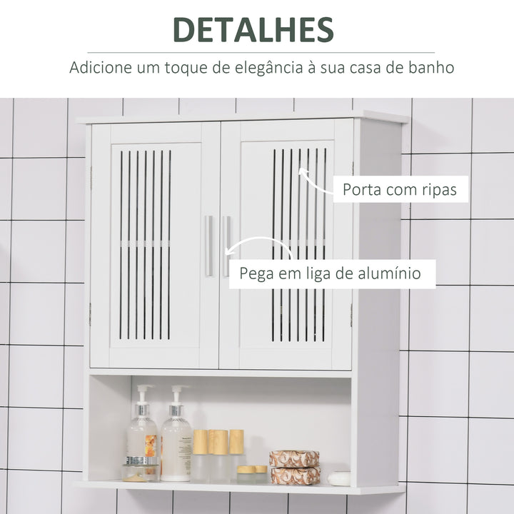 Armário de Parede para Casa de Banho Móvel Casa de Banho de Parede com Armazenamento 2 Portas em Ripas Prateleira Ajustável e Compartimento 60x20x70 cm Branco
