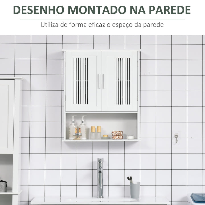 Armário de Parede para Casa de Banho Móvel Casa de Banho de Parede com Armazenamento 2 Portas em Ripas Prateleira Ajustável e Compartimento 60x20x70 cm Branco