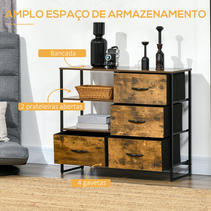 Cómoda com 4 Gavetas de Tecido Dobrável e 2 Prateleiras Abertas Armário de Armazenamento para Escritório Dormitório Estilo Industrial Anti-Tombo 84x30x71,4cm Marrom Rústico