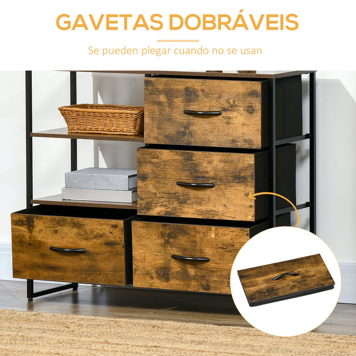 Cómoda com 4 Gavetas de Tecido Dobrável e 2 Prateleiras Abertas Armário de Armazenamento para Escritório Dormitório Estilo Industrial Anti-Tombo 84x30x71,4cm Marrom Rústico