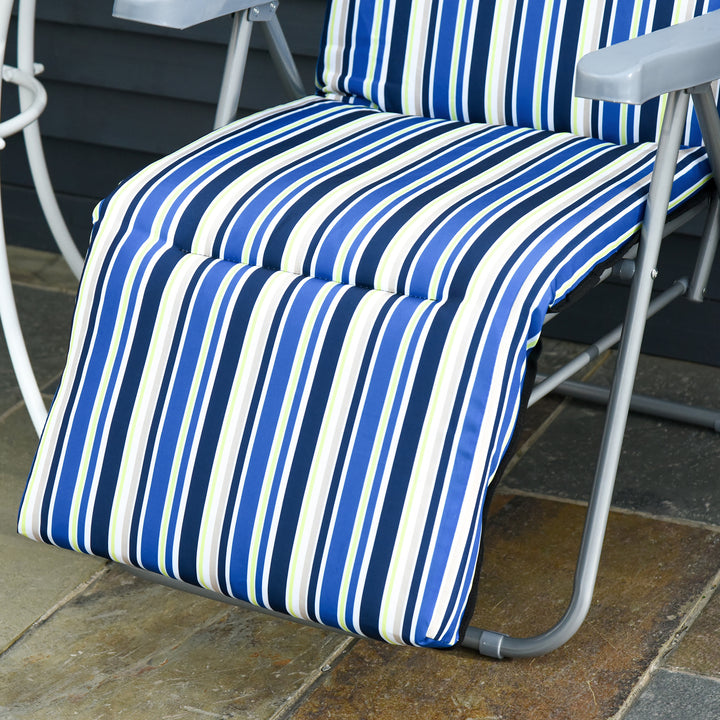 2 Espreguiçadeiras de Jardim Dobráveis Espreguiçadeiras de Aço com Almofada Acolchoada Encosto Ajustável em 5 Posições e Apoio para os Pés 60x75x65-102 cm Listras Azul