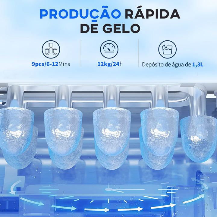 Máquina de Fazer Gelo Silenciosa Máquina de Gelo Doméstica 12 kg em 24 Horas 9 Cubos em 6-12 Minutos Depósito de Água 1,3 L com Pá e Cesto 22,2x29,4x29 cm Preto