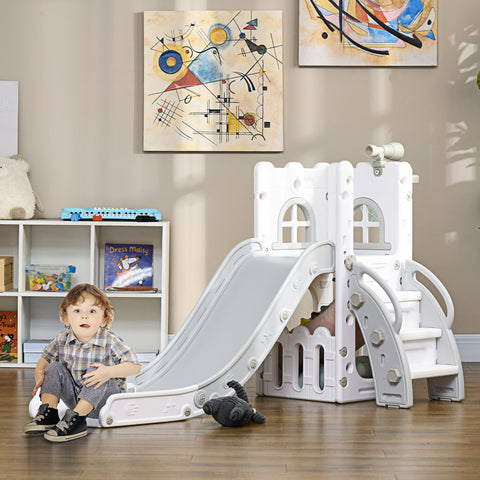 Escorrega Infantil 5 em 1 Escorrega para Crianças de 1-3 Anos com Cesto de Basquetebol Telescópio Escalador e Cesta Inferior para Interior e Exterior 70x177x92 cm Branco e Cinza